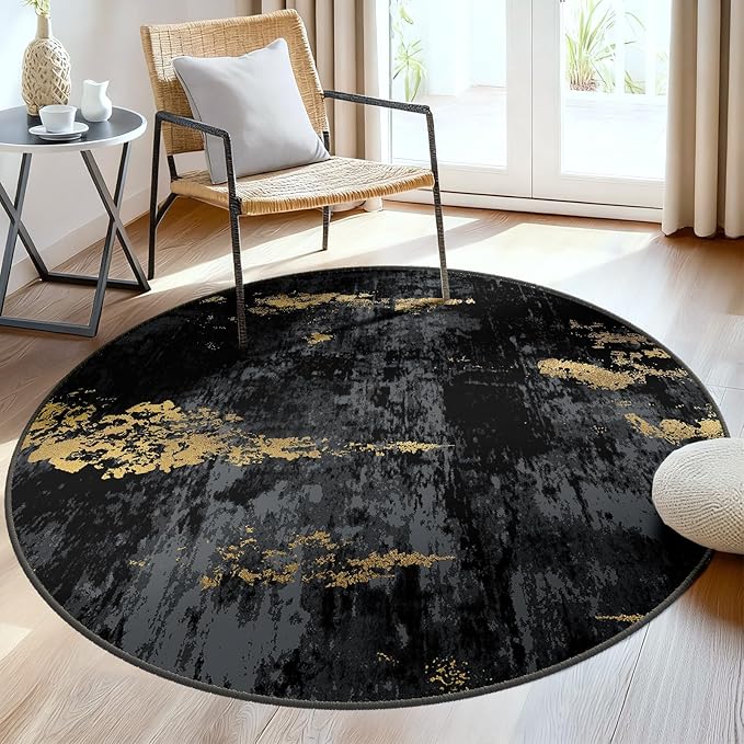RELEANY Washable Area Rugs 6ft Non-Slip Modern Abstract Soft for Living Room Entryway Bedroom Nursery, Print Pattern, Dark Black Gold
