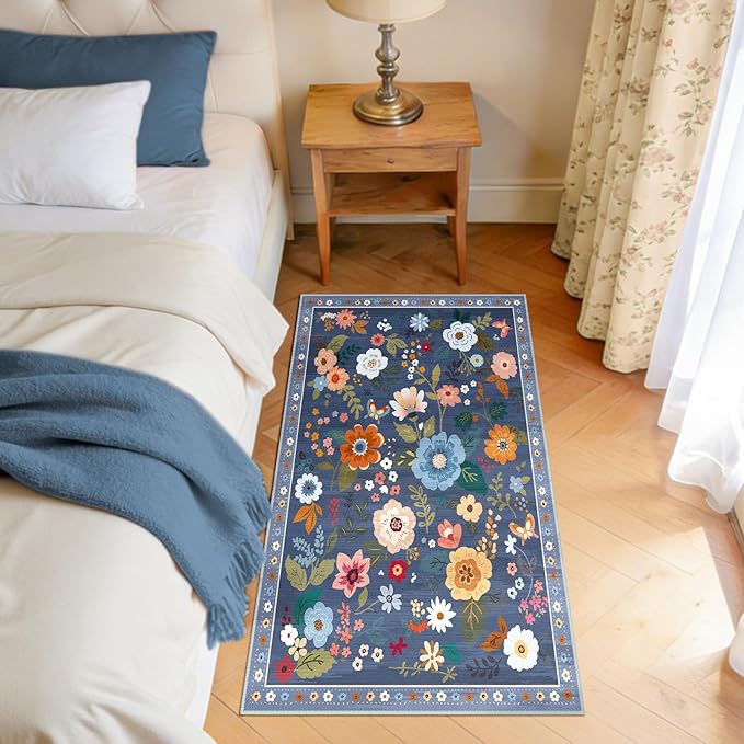 RELEANY Floral Nursery 2x4 Area Rugs Washable Print Boho Cute Carpet Non Slip Flower Low Pile for Living Room Kids Girls Playroom Bedroom Kitchen Office Farmhouse-Blue/Grey