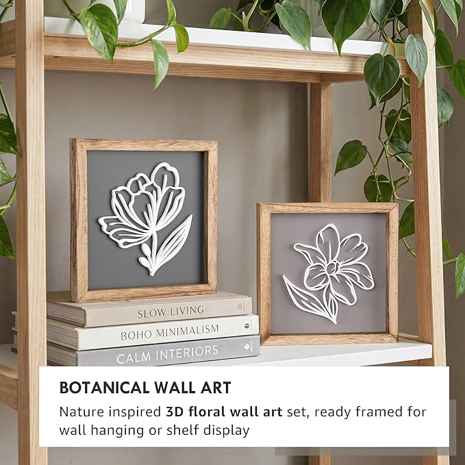 Tide and Tales 3D Botanical Floral Wall Art (Framed Set of 2) Ready-to-Hang Lightweight Boho Decor for Walls, Nature-Inspired Home Decorations with Natural Earthy Tones for Bedroom or Bathroom