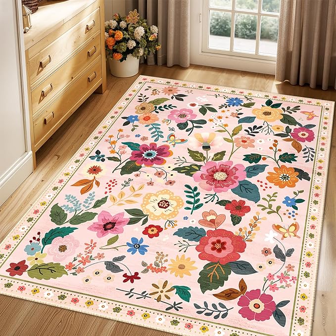 RELEANY Floral Nursery 3x5 Area Rugs Washable Print Boho Cute Carpet Non Slip Flower Low Pile for Living Room Kids Girls Playroom Bedroom Kitchen Office Farmhouse-Pink