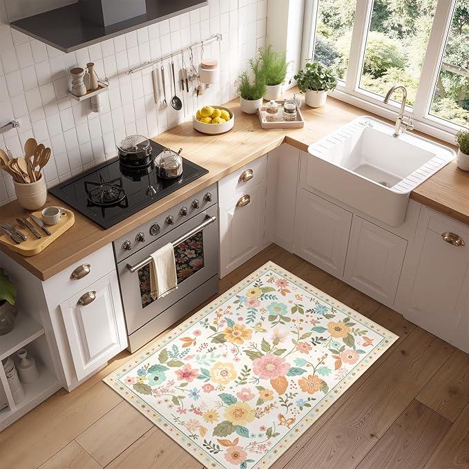 RELEANY Floral Nursery 2x3 Area Rugs Washable Print Boho Cute Carpet Non Slip Flower Low Pile for Living Room Kids Girls Playroom Bedroom Kitchen Office Farmhouse-Beige/White/Orange
