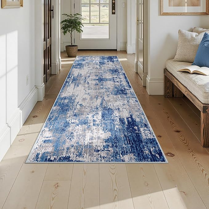 RELEANY Washable Area Rugs 3x9 Non-Slip Modern Abstract Soft for Living Room Entryway Bedroom Nursery, Print Pattern, Blue Grey Navy Gray