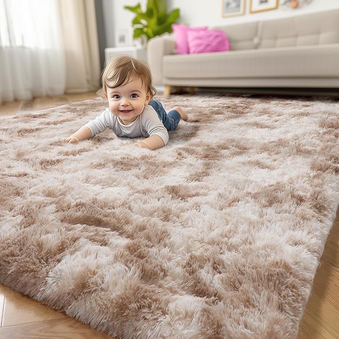 Amdrebio Tie-Dyed Beige Tan Area Rugs for Bedroom Kids Room, 5x7 Cute Fluffy Plush Shaggy Rug for Living Room Decor Aesthetic, Soft Furry Fuzzy Neutral Carpet for Baby Nursery Playroom Preppy Dorm