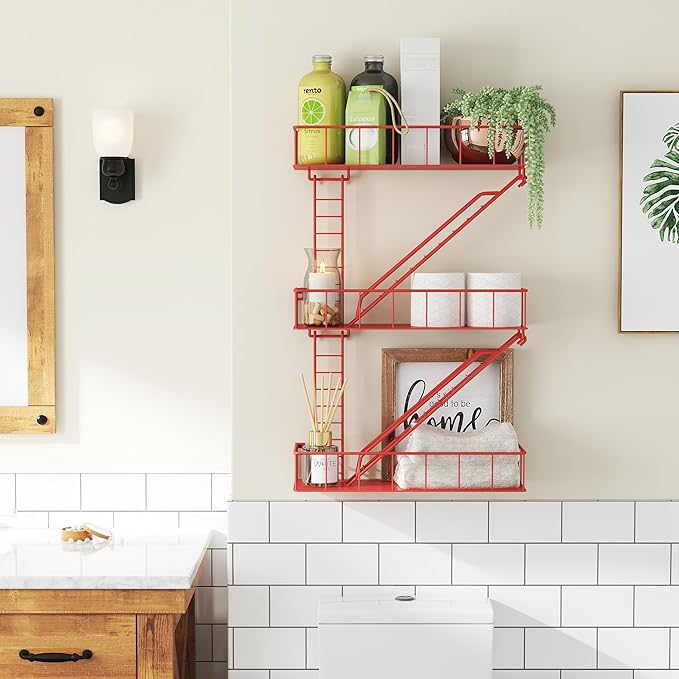 Red Metal Fire Escape Wall Shelf, Unique Decorative Shelves for Wall, New York Shelf Ladder Storage, Funky Knick Knack Shelf Organizer, Industrial Wall Shelves for Bathroom, Living Room