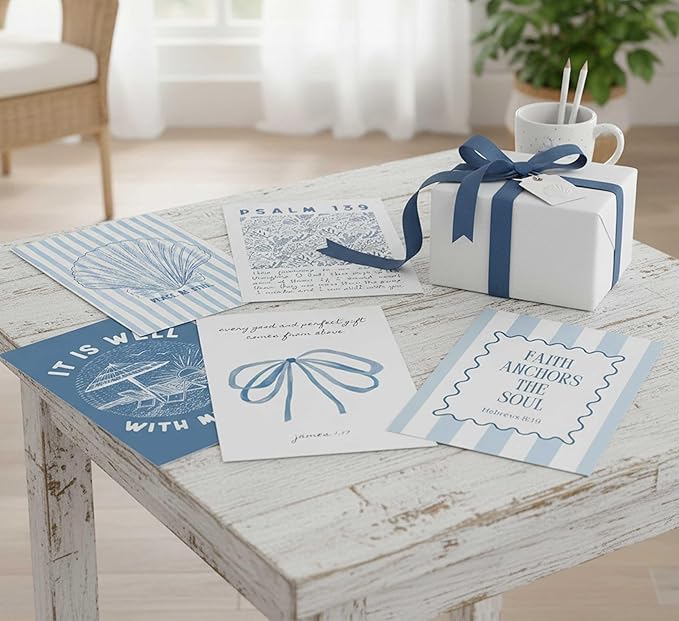 KXIAHTTEN 6pcs Blue Coastal Christian Canvas Wall Art Bible Verses Paintings Pictures Wall Decor Preppy Religion Aesthetics Poster Printing Artwork for Teen Girl Room Dorm Apartment Unframed