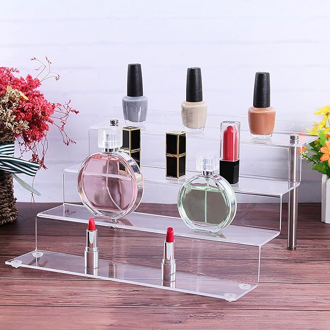 CECOLIC Acrylic Riser Shelf 4 Tier Clear Display Stand for Collectibles Pop Figures, Cupcakes, Perfumes, Display Risers for Decorating & Organizing - 11.8 x 10.8 x 6.5 in (Large, 3 Pack)