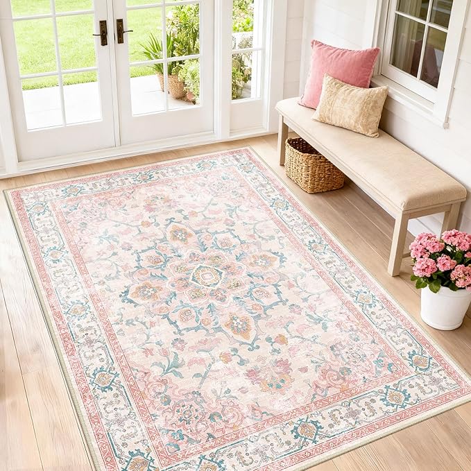CAPALOCA Machine Washable Rugs Nursery Rug 4x6 Cute Girl Non Slip Low Pile Water Repellent Soft Print Pattern for Bedroom Indoor Decor Kids Playroom Pink Teal