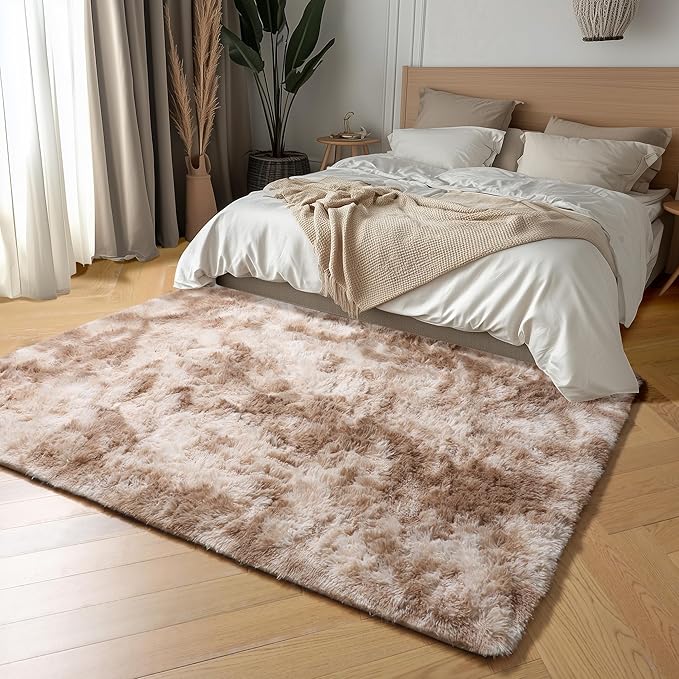 Amdrebio Tie-Dyed Beige Tan Rugs for Bedroom Living Room, Cute Fluffy Plush Neutral Area Rug 4x6 for Kids Room Decor Aesthetic, Soft Furry Fuzzy Shaggy Carpet for Baby Nursery Playroom Preppy Dorm
