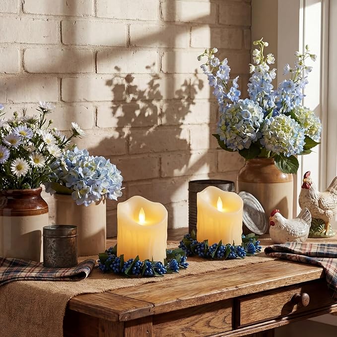 Daifunli 2 Pcs Williamsburg Blue Candle Rings Wreath Blue Pip Berry Ring Wreath for Pillar 3.9 Inch Candles Holder for Holiday Table Centerpiece Wedding Kitchen Cabinets Rustic Table Decor