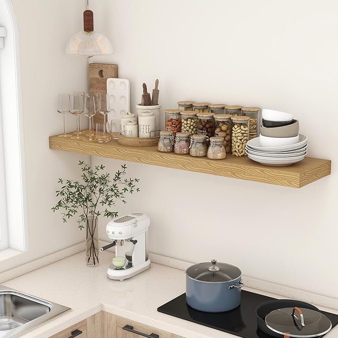 FLYJOE 12 Inch Deep Floating Shelves | 55 Inch Oak Floating Shelves | 55" W x 12" D Rustic Wood Shelves for Wall | Deep Oak Shelves for Living Room Bathroom Laundry Room Kitchen