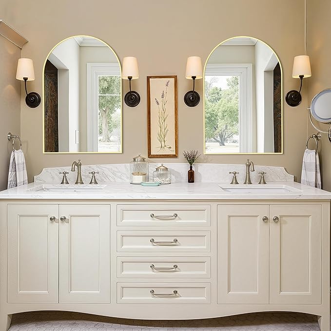 Vanity Bathroom Mirror for Wall, 2 Pack 30"x20" Arched Bathroom Mirror for Over Sink, Arched Metal Frame for Bedroom, Living Room, Entryway, Hanging or Leaning, Gold