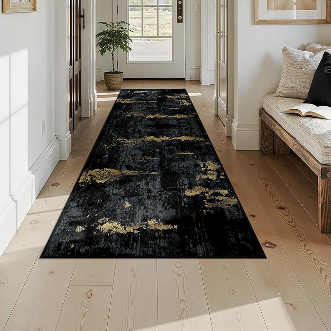 RELEANY Washable Area Rugs 3x9 Non-Slip Modern Abstract Soft for Living Room Entryway Bedroom Nursery, Print Pattern, Dark Black Gold