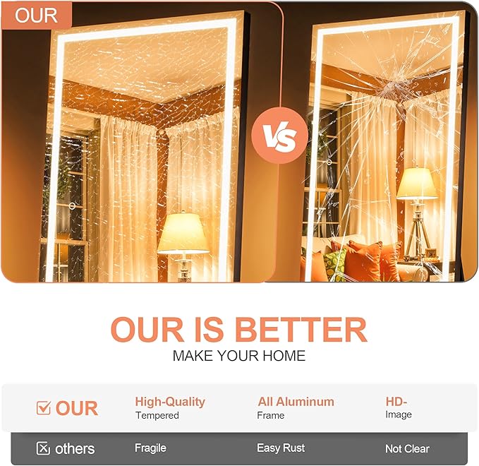 79" x 36" Full Length Mirror with Lights, Large LED Lighted Floor Standing Body Mirror, Dimmable & 3 Color Lighting for Bedroom, Cloakroom, Dressing Room, Tempered Glass, Black Frame