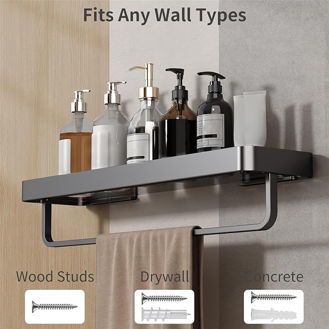 Danpoo 20 Inch Long Floating Bathroom Shelf with Towel Bar, Clear Tempered Glass Wall Shelf for Bathroom Storage Organizer, Matte Black