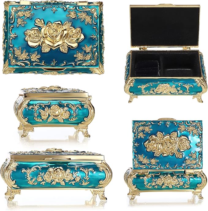 Hipiwe Vintage Metal Jewelry Box Small Treasure Chest Case Trinket Organizer Earrings Necklace Bracelet Storage Box Ring Box Holder Keepsake Box for Women