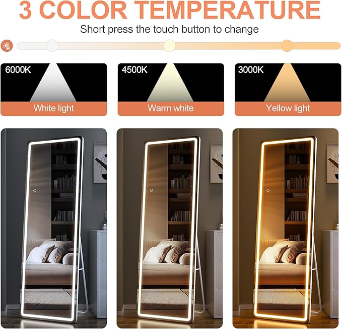 Full Length Mirror with Lights, 56" x 15.8" LED Lighted Floor Standing Body Mirror, Dimmable & 3 Color Lighting Cloakroom, Dressing Room, Tempered Glass, Rounded Corner White
