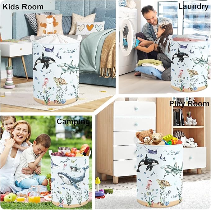 Ocean Animals Baby Laundry Hamper Collapsible Clothes Kids Storage Basket Large Boys Girls Gift Toy Box Bin for Nursery Room, Blue Shark, 63L