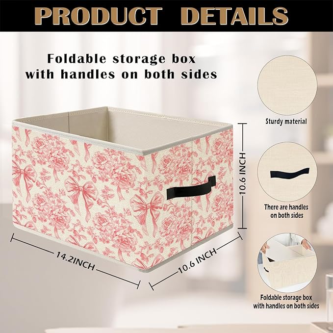 Coquette Pink Bow Peony Floral Storage Bin Box with Handles, Grandmillennial French Country Pink Flower Foldable Organizer Basket Toybox for Girls Dorm Bedroom Bathroom Clothes Toys Books