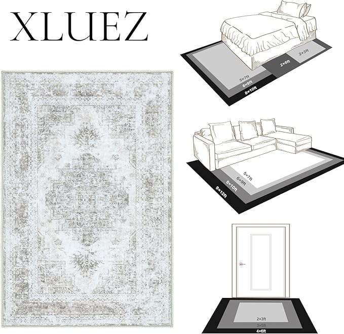 XLUEZ Area Rug 4x6 Vintage Rug, Machine Washable Vintage Distressed Medallion Rug Non-Slip Soft Low Pile Large Indoor Rugs for Bedroom Kitchen Dining Room Office(Taupe,4'x6')