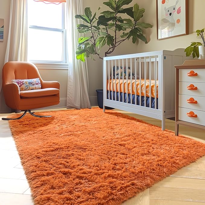 Amdrebio Burnt Orange Area Rugs for Bedroom Kids Room, Fluffy Fuzzy Shaggy Furry Small Rug 3x5 for Living Room Decor Aesthetic, Cute Plush Shag Dark Orange Carpet for Dorm Nursery Classroom Playroom