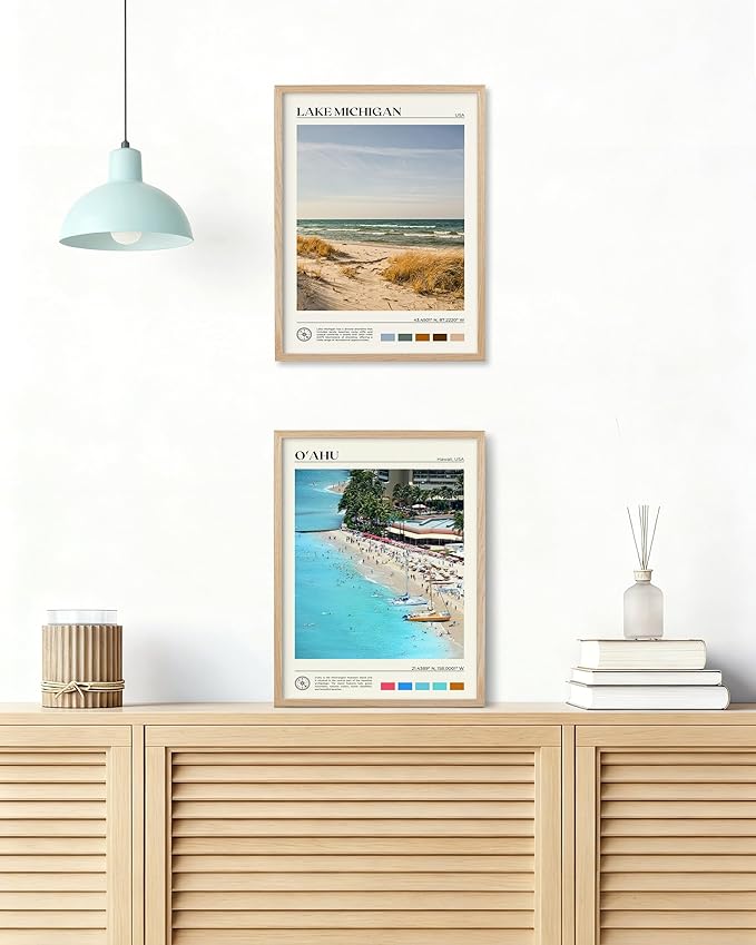 HesenDot Natural OAK Wood Oahu Hawaii Framed Wall Art,12x16in Tropical Beach Canvas Wall Print, Modern Coastal Ocean Wall Decor for Living Room Bedroom Office Gallery, Set of 1