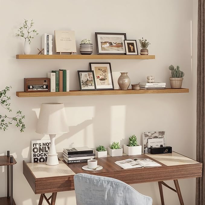 Floating Shelves, Deep USA-Sourced Rustic Elm Wood Wall Shelves for Storage, 8 Inch Deep Wall Mounted Display Shelving with Invisible Heavy-Duty Metal Bracket (Natural, 36" W x 8" D, Set of 2)