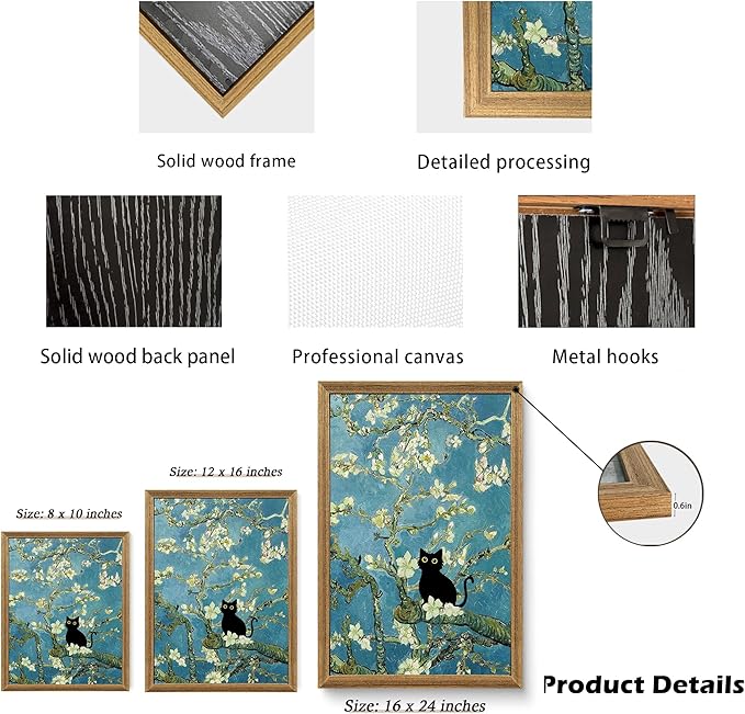 Fantasy Artists Van Gogh's Almond Blossom Funny Black Cat Canvas Wall Art, Oil Painting Posters Home Decor, Vintage Abstract Aesthetic Wall Decorations for Living Room Bedroom, 12'' x 16''