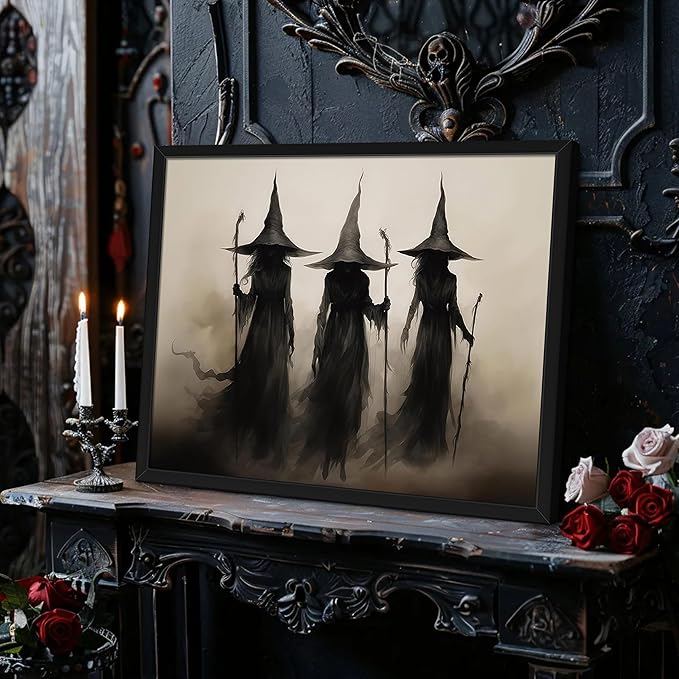 Framed Vintage Witch Canvas Wall Art - Halloween Witchy Wall Decor - Gothic Decor Aesthetics, Creepy Three Witches Rustic Macabre Dark Artwork Prints for Living Room Bedroom 12x16 inch