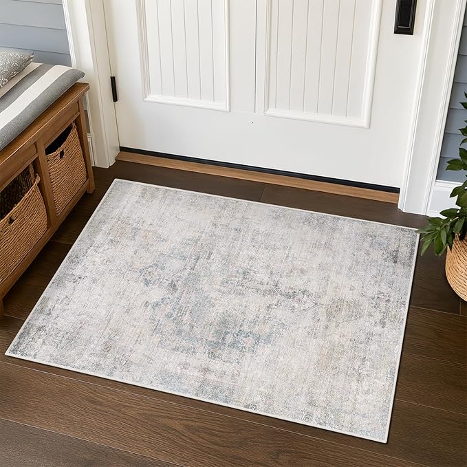 Blue and Gray 2x3 Washable Rug for Bathroom, Entryway Indoor, Kitchen Floor Waterproof, Powder Room, Non Slip Low Pile Stain & Fade Resistant Small Throw Rug, Modern Abstract Decor