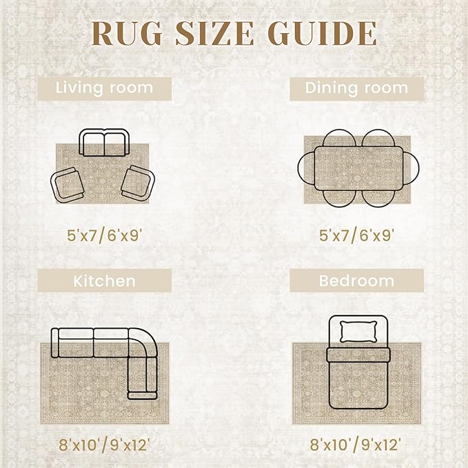 9x12 Area Rugs for Living Room: Washable Large Vintage Floral Rug Low Pile Non-Slip Boho Carpet for Bedroom Home Office Dining Room (Brown, 9'x12')