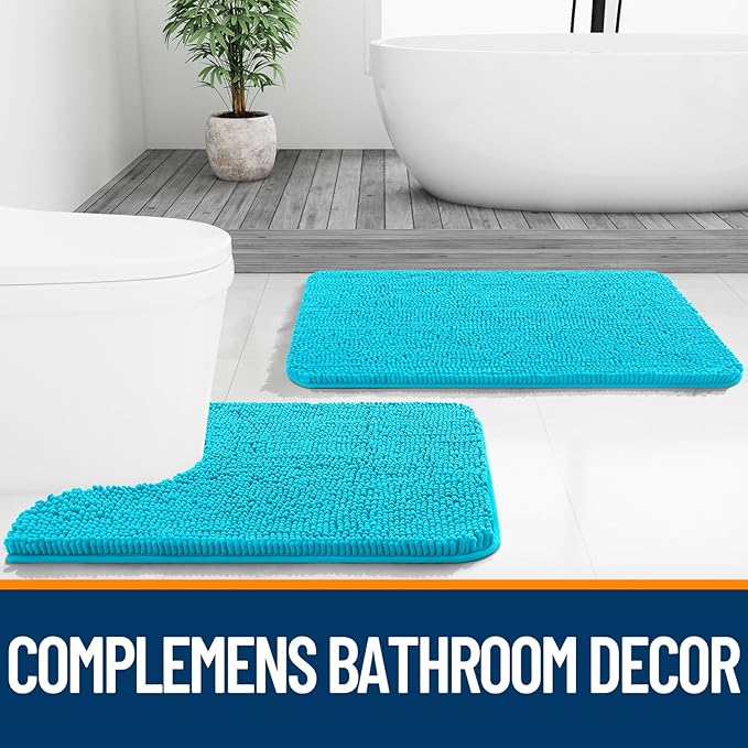 OLANLY Bathroom Runner Rugs 44x24, Soft Absorbent Chenille Bath Rugs, Rubber Backing Quick Dry, Machine Washable Long Bath Mats for Bathroom Floor, Tub and Shower, Home Decor Accessories, Aqua Sky