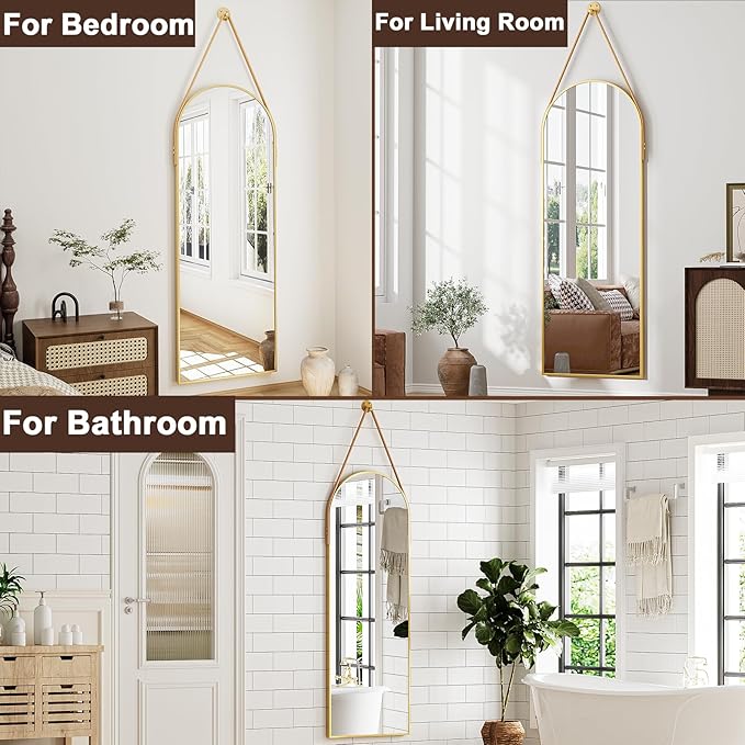 Full Length Mirror, Arched Wall Mounted Mirror, 48"x16" Door Mirrors with Hanging Leather Strap, Wall Mirrors Full Length with Aluminum Frame for Bathroom Living Room Entryway (Gold)