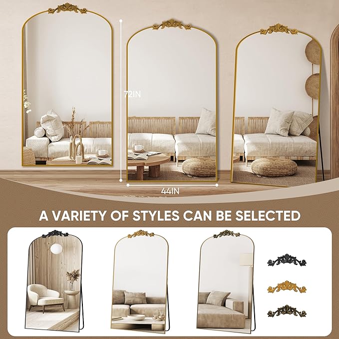 Antok Arched Full Length Mirror, 72"x44" Floor Mirror with Carved, Full Body Mirrors for HomeDecor, Standing/Halling Large Wall Mirror for Bedroom, Living Room, Cloakroom, Gold, Retro Style