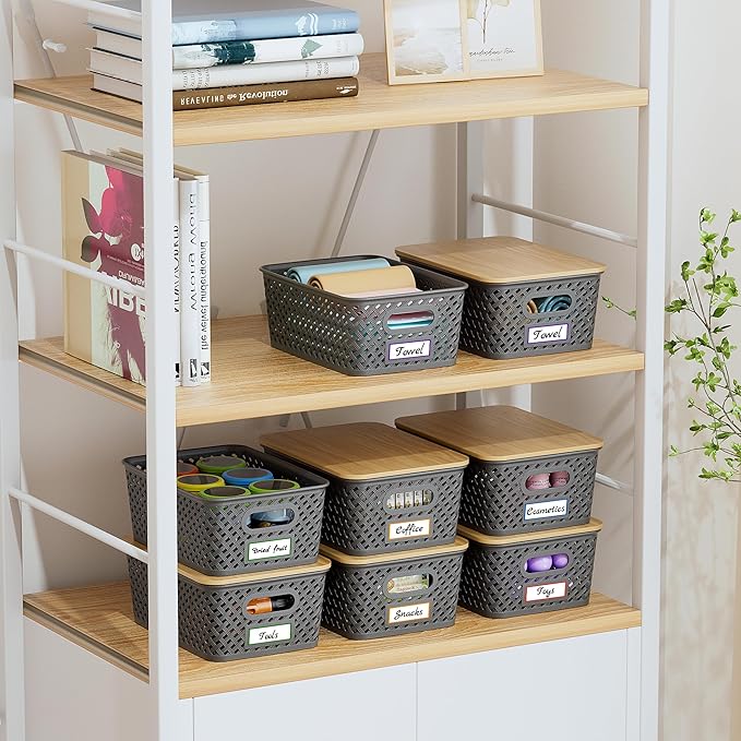 Anysig 8 Packs Plastic Storage Bins with Bamboo Lids - Stackable Storage Bins Decorative Small Basket Containers for Organizing Shelves Office Classroom Desktop Closet, Grey
