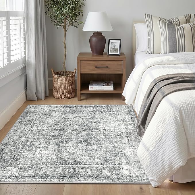 CAPALOCA Machine Washable Rugs Nursery Rug Sq4ft Cute Girl Non Slip Low Pile Water Repellent Soft Print Pattern for Bedroom Indoor Decor Kids Playroom Grey