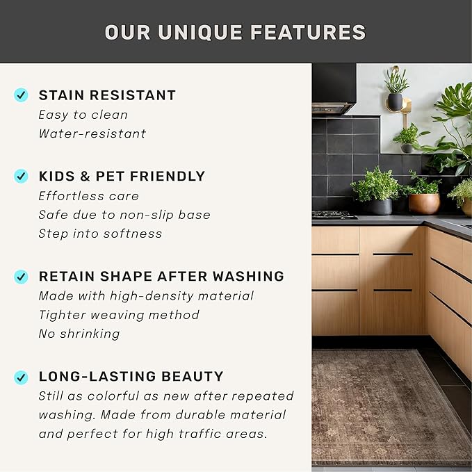 Hazo Haus Brown Neutral Boho Washable 3x12 Extra Long Hallway Runner Rug, Waterproof Large Kitchen Floor Rug Indoor, Non-Slip Stain & Fade Resistant, Vintage Dark Earthy Taupe Decor