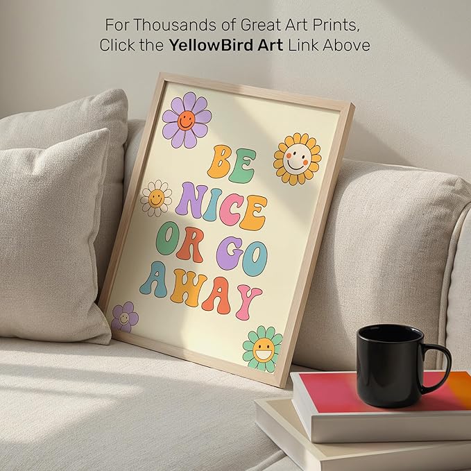 Retro 70s Wall Art 11x14 - Groovy Flower Smiley Face Poster with Positive Quote - Teen Girls Bedroom Decor - Colorful Hippie Room Decoration - Vintage Style Print for Girly Bedroom - Unframed