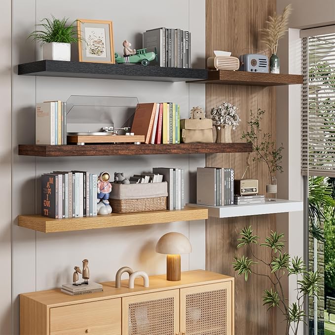 Heimlove 12" Deep Floating Shelves for Wall, 24x12 Inch Shelf Bathroom Shelves Set of 2, Mounted Shelves for Books Living Room Laundry Room Bedroom Kitchen Home Office, Walnut