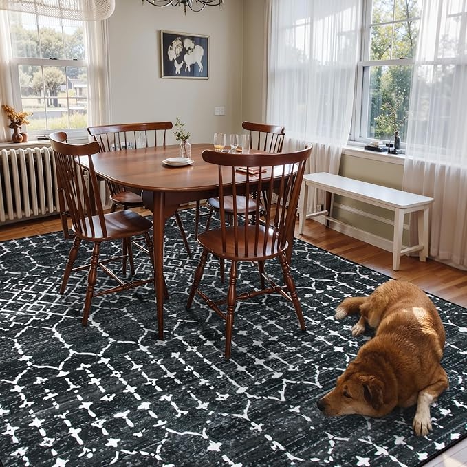 Lahome Moroccan Black 9x12 Rug for Living Room, Washable Non-Slip Ultra-Thin Stain Resistant Area Rug for Dining Room Table, Geometric Print Modren Indoor Carpet for Bedroom Office Hana