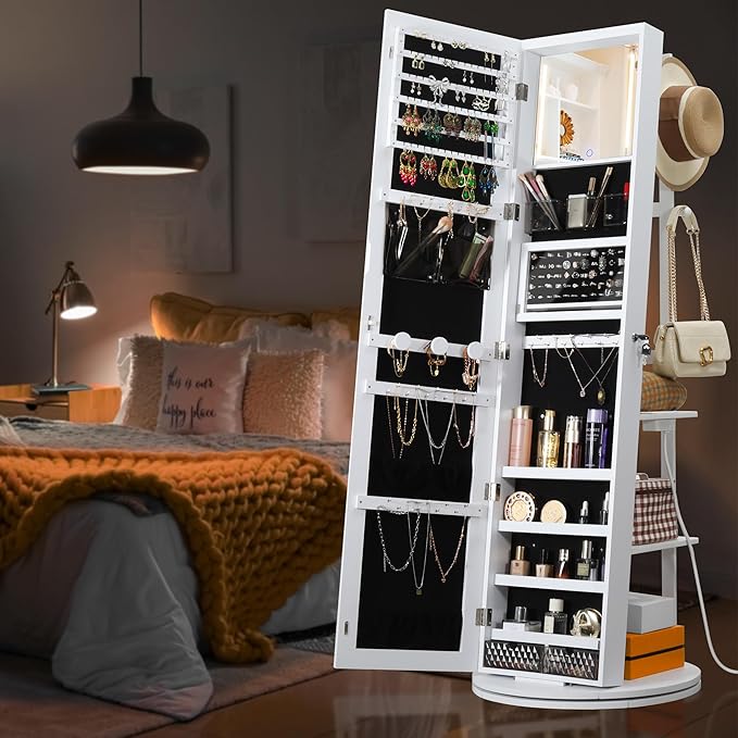 IRONCK 360° Swivel Mirrored Jewelry Cabinet with Full-Length Mirror, Charging Station, Lockable Standing Jewelry Organizer with Rear Storage Shelves, Interior Mirror, LED Lights, White