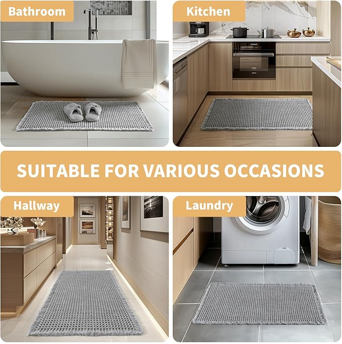 MIULEE Set of 2 Waffle Bathroom Rugs, Boho Bath Rugs Non Slip Washable, Super Absorbent Bath Mats, Ultra Soft Rubber Backed Shower Mats for Bathroom Floor, Tub and Shower, Light Grey, 18x30 Inch