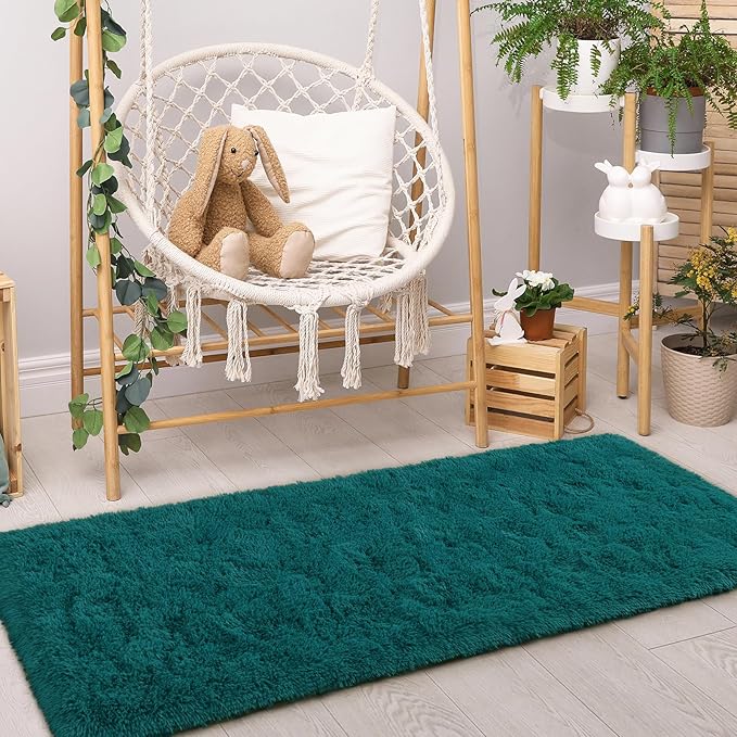 BENRON Fluffy Runner Rugs 2x4, Soft Long Runners for Bedroom Hallyway Entryway Kitchen, Washable Fuzzy Throw Rug for Kids Girls Room Decor Photo Prop, Teal Green