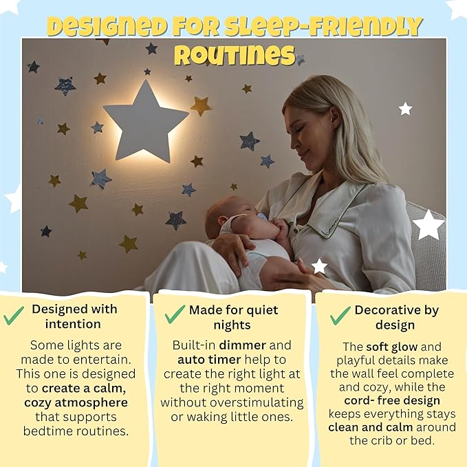 KALEOLI Star Wall Night Light with 106 Moon and Stars Wall Decals Set for Nursery – Rechargeable & Dimmable Crib and Toddlers Night Light - 90 Min Timer for Bedtime Routine