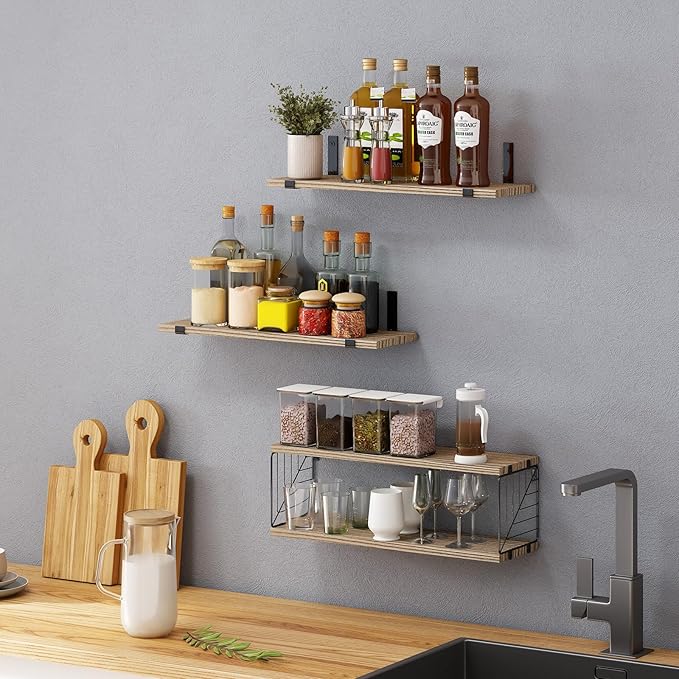 Fixwal Bathroom Floating Shelves Over Toilet, 15.8in Farmhouse Rustic Wood Shelves, Wall Decor for Bathroom, Living Room,Bedroom and Kitchen (3 Plus 1 Tier Rustic Brown)