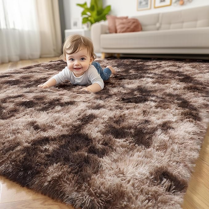 Amdrebio Tie-Dyed Brown Rugs for Bedroom Living Room, 5x7 Fluffy Shaggy Plush Area Rugs for Kids Room Decor Aesthetic, Fuzzy Furry Floor Thick Carpet for Classroom Playroom Preppy Dorm Baby Nursery