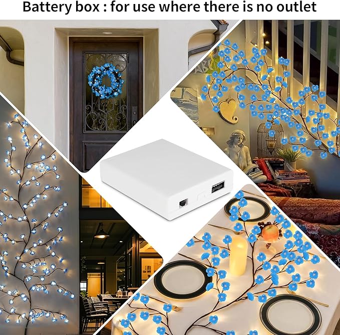 FNHMSL Cherry Enchanted Willow Vine Lights, 7.55FT 144LED Blue Cherry Blossom Tree Branch Lights for Wall, Remote Timer,8 Light Model,Bedroom Wall Doors Wedding, Christmas, USB Battery Box
