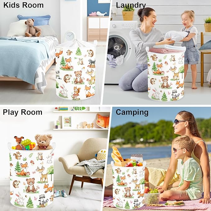 Clastyle Adorable Forest Animal Kids Book Storage Basket Fox Giraffe Clothes Laundry Basket Parents Gift Toy Box for Bedroom Shower, Pine Tree, 36x45 cm