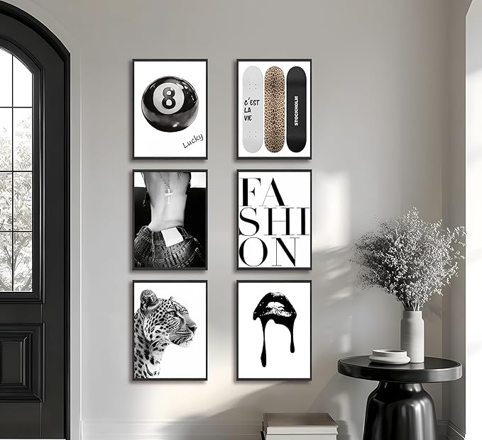 6 Piece Fashion Trendy Leopard Wall Art Black White Aesthetic Cheetah Posters Prints Lucky 8 Ball Lips Canvas Paintings for Girls Room Bedroom Apartment Dorm Decoration Unframed