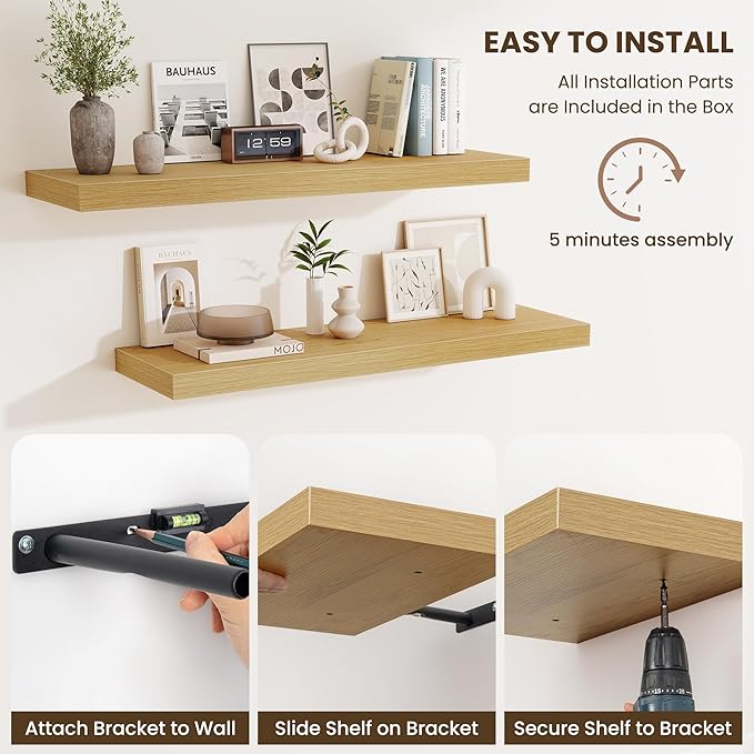 Fun Memories 55 Inch Fireplace Mantel Shelf, 10 Inch Deep Shelves for Display & Wall Storage, Rustic Wood Wall Shelf, Extra Long Floating Shelves for Living Room Laundry Room, Oak, Set of 1