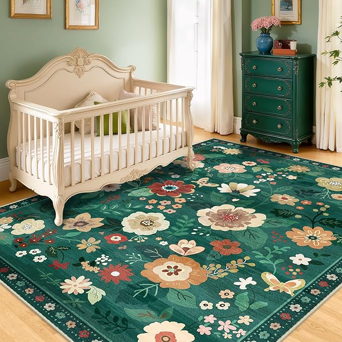 RELEANY Floral Nursery 6x9 Area Rugs Washable Print Boho Cute Carpet Non Slip Flower Low Pile for Living Room Kids Girls Playroom Bedroom Kitchen Office Farmhouse-Dark Green